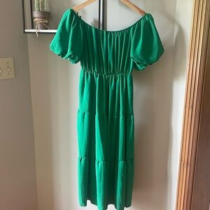 See You Monday Green Ruched Off-Shoulder Sundress